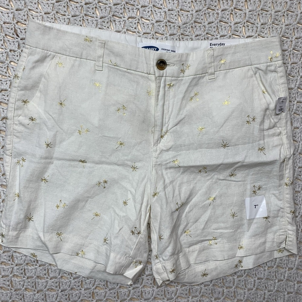 Old Navy everyday short Sz 12 linen blend golden palm trees pockets 7''inseam
